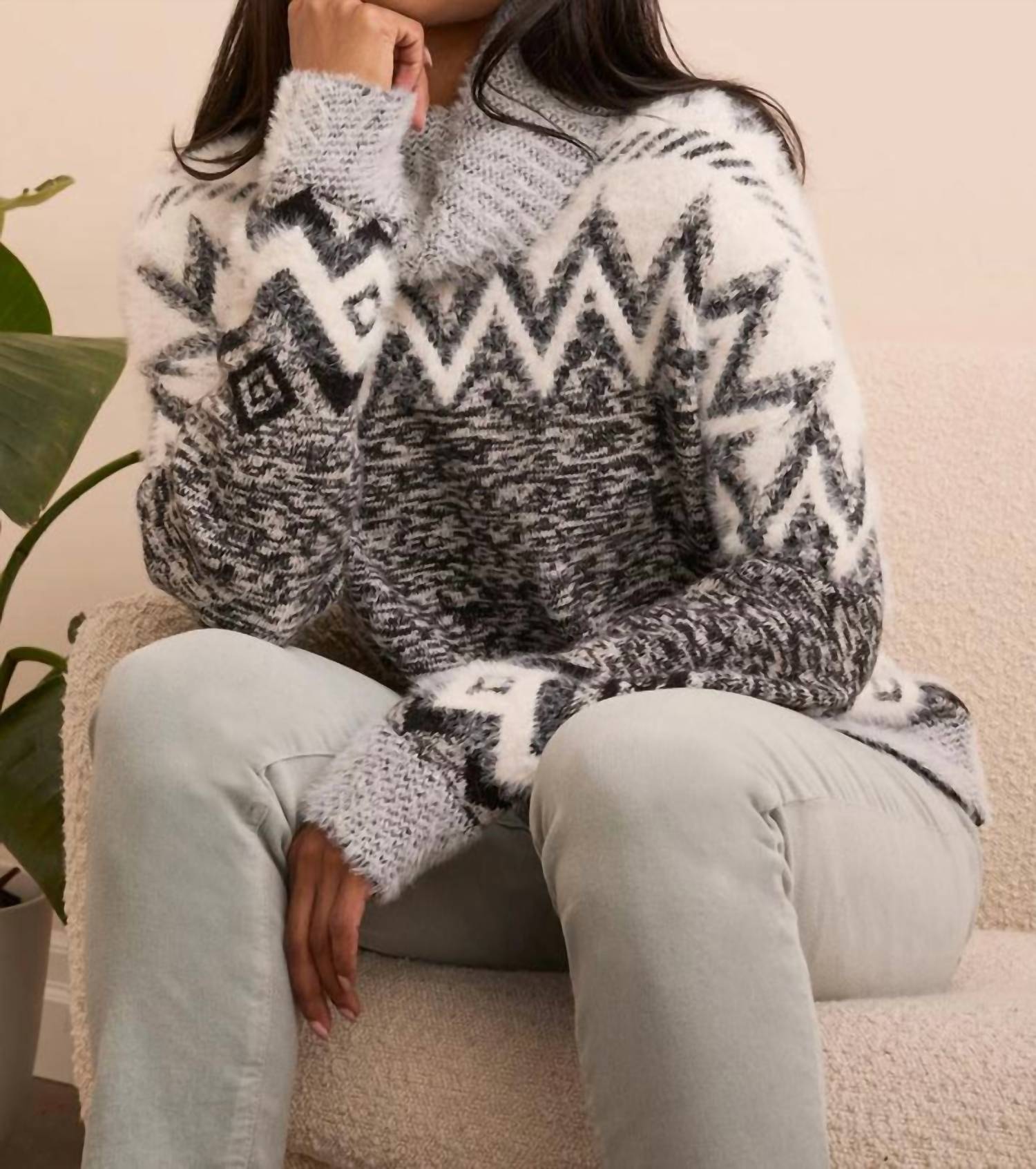 TRIBAL Turtleneck Intarsia Sweater - Plus in black - women's sweater - alternate view