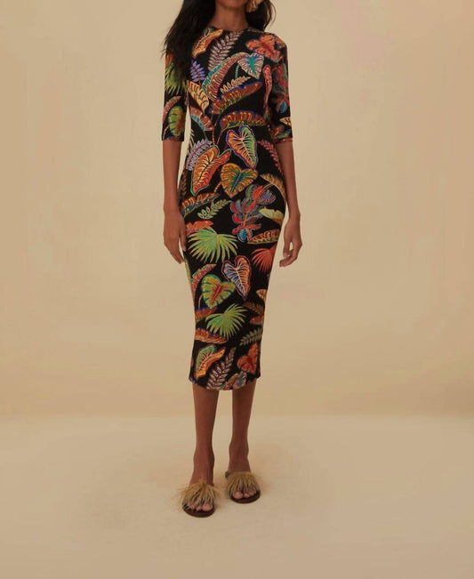 Farm Rio - Cool Foliage Jersey Half Sleeve Midi Dress