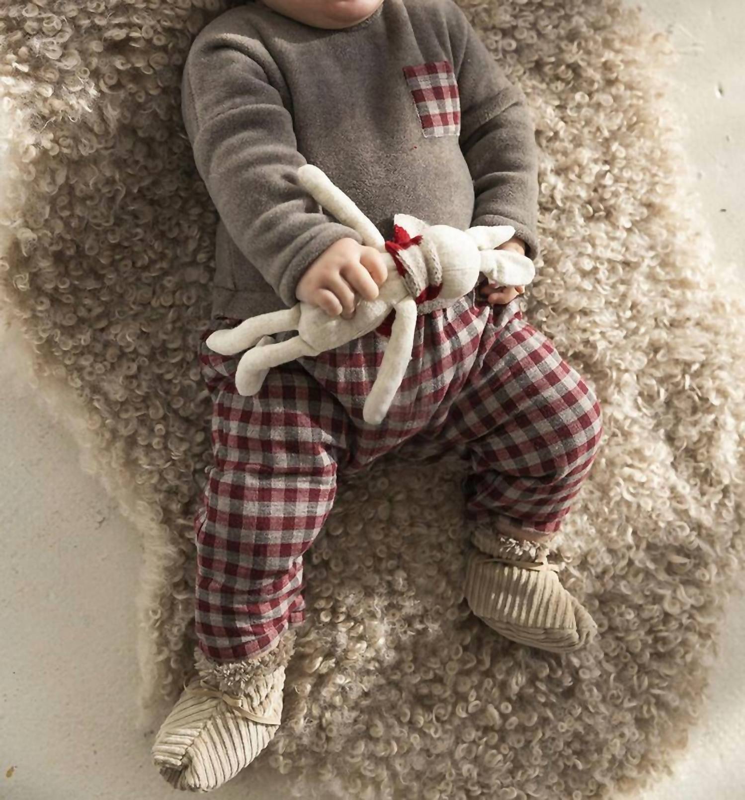 Petit Indi - Kid's Taupe Fleece & Plaid Romper