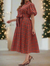 entro Plaid Puff Sleeve Midi Dress With Waist Tie - Plus in holiday red - women's dress - alternate view