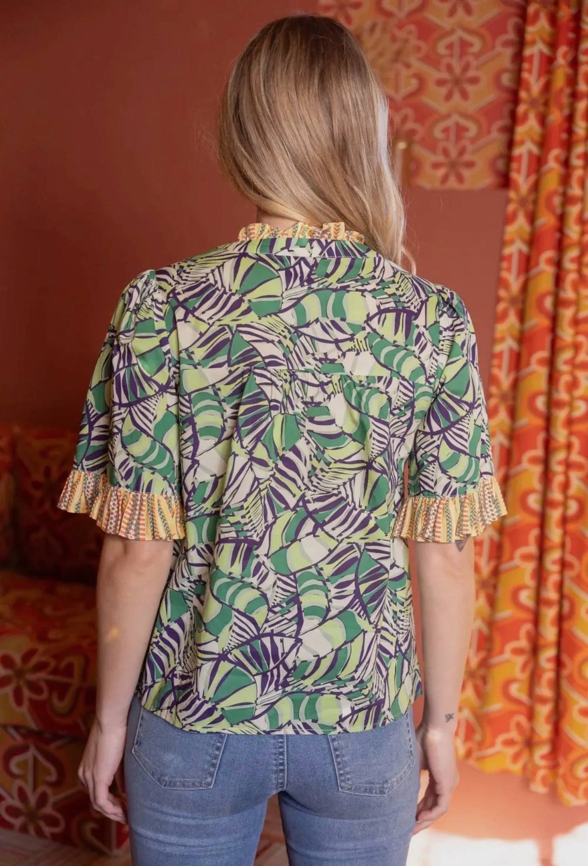 Voy - Ruffled Multi Print Button Down Top
