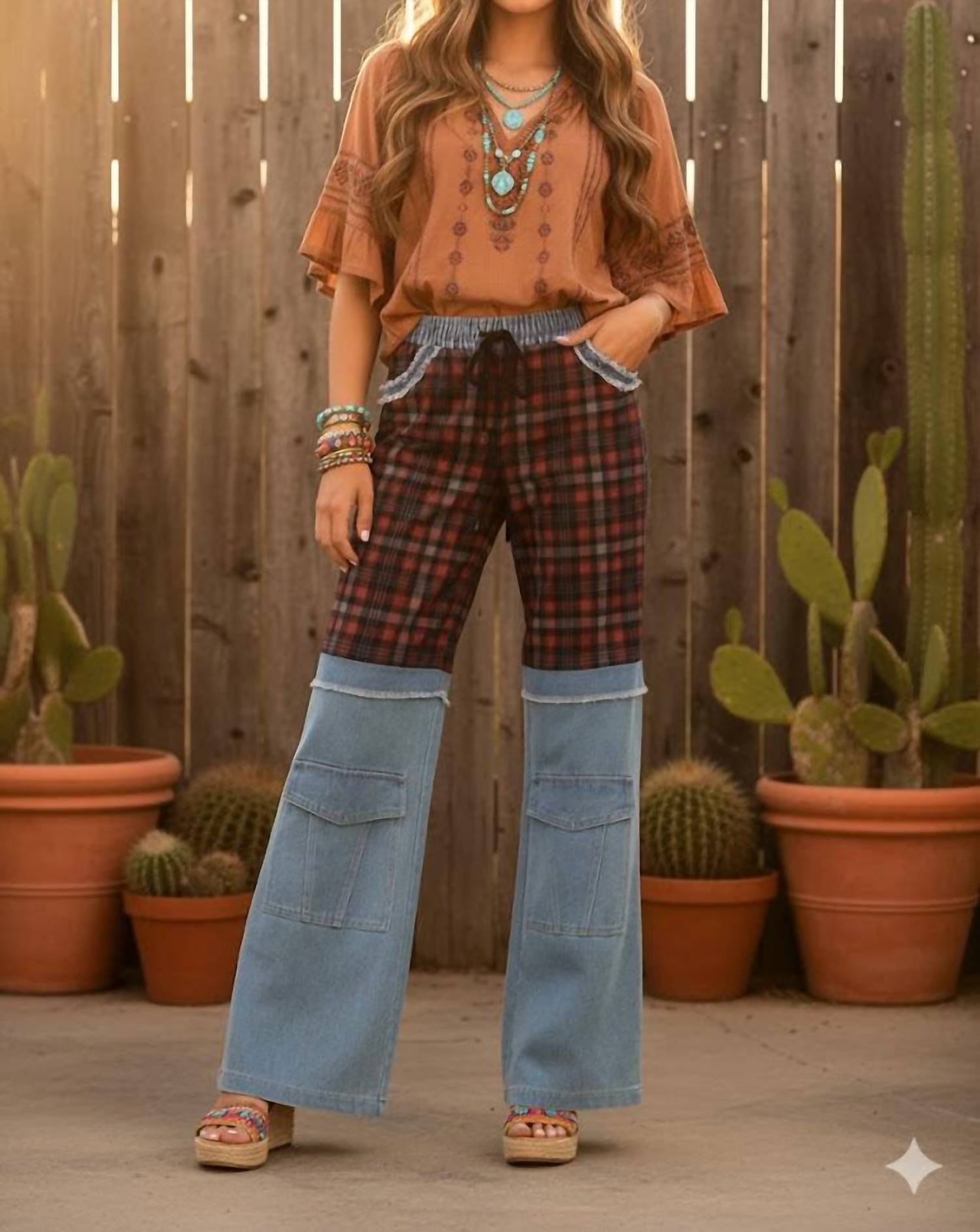 Little Secret Of Mine - Boho Elastic Waist Pocket Plaid Contrast Wide-leg Pants