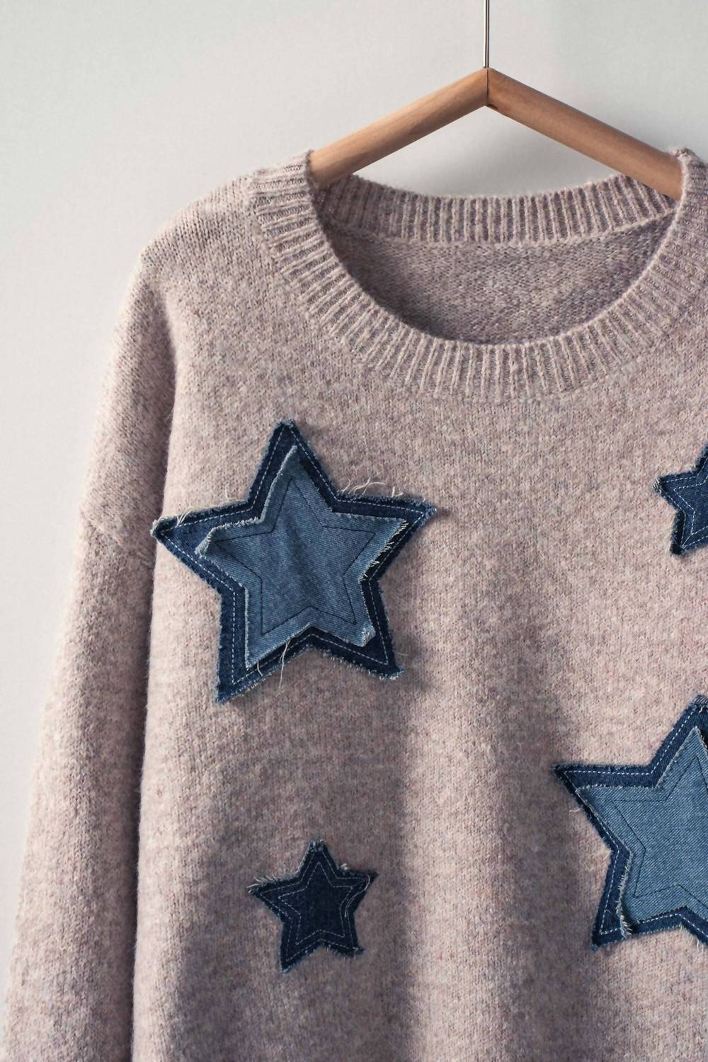 Urban Daizy - Women's Denim Star Patch Cropped Knit Sweater