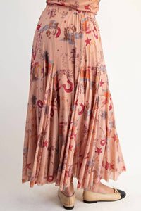 Easel Western Printed Mesh Swing Maxi Skirt in camel - women's skirt - alternate view