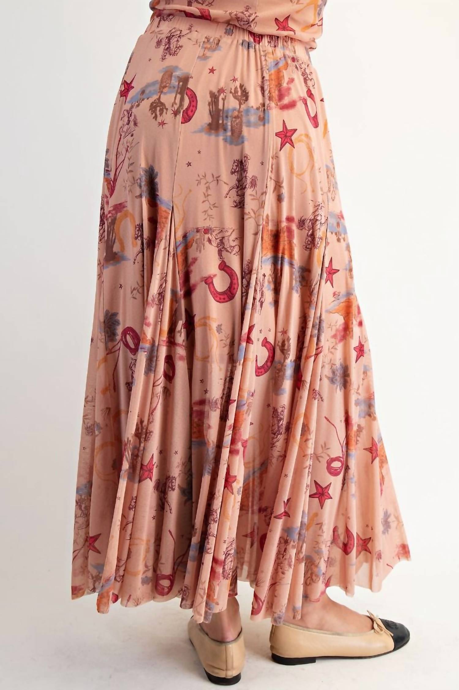 Easel Western Printed Mesh Swing Maxi Skirt in camel - women's skirt - alternate view