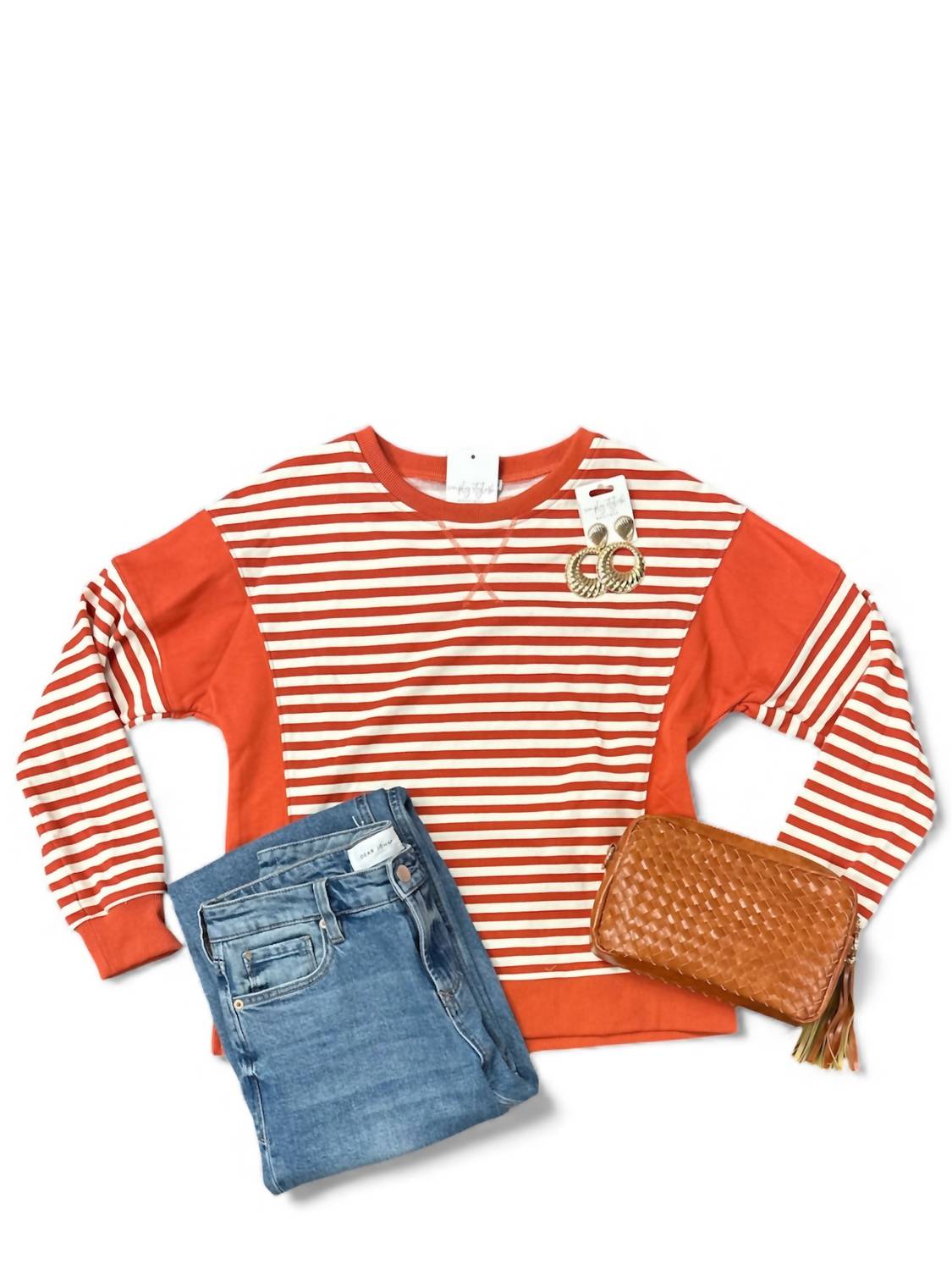 STACCATO Women's Colorblock Comfort Crew Neck Top in tangerine white - women's top - detail view