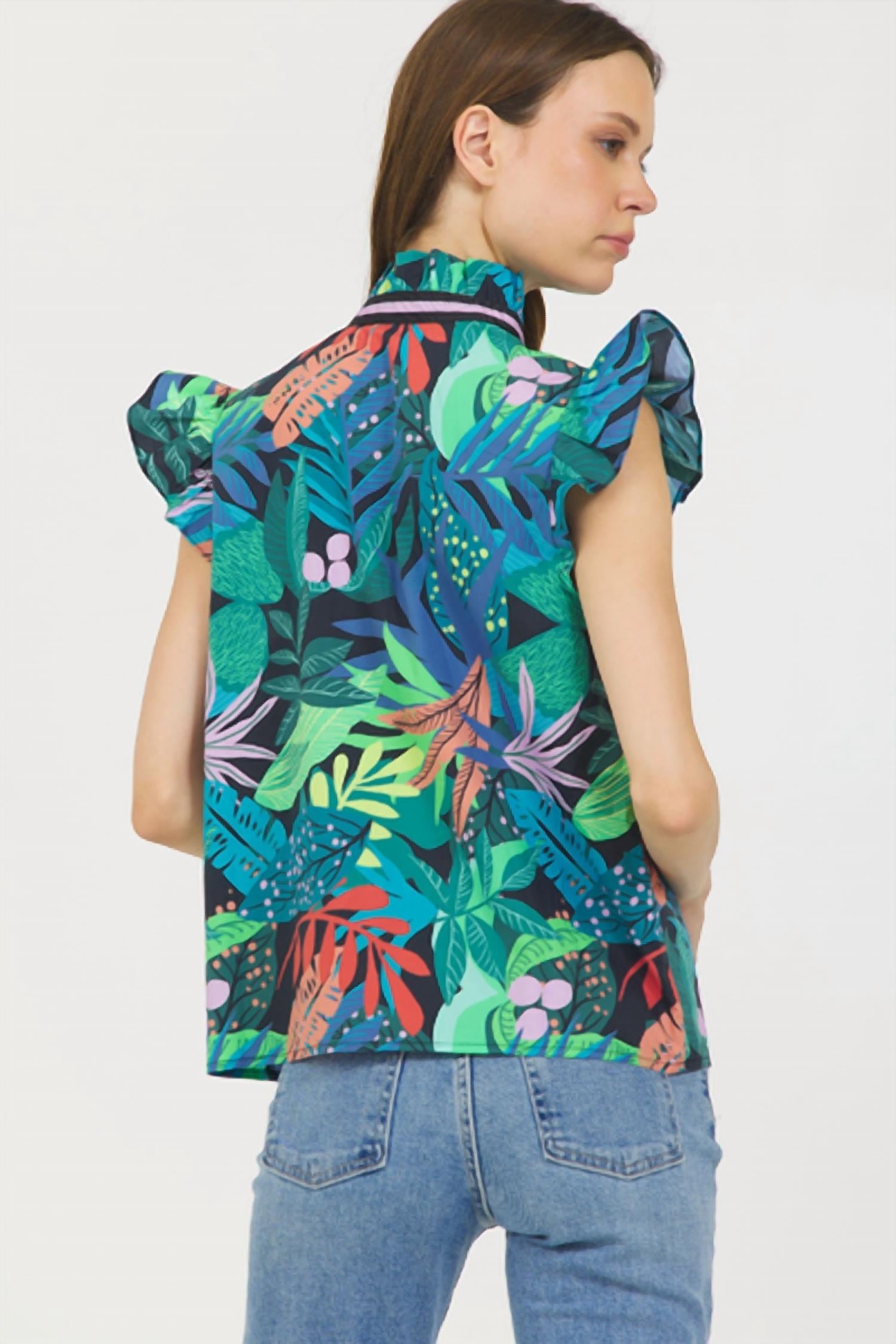Stellah - Tropical Print Sleeveless Ruffle Printed Top