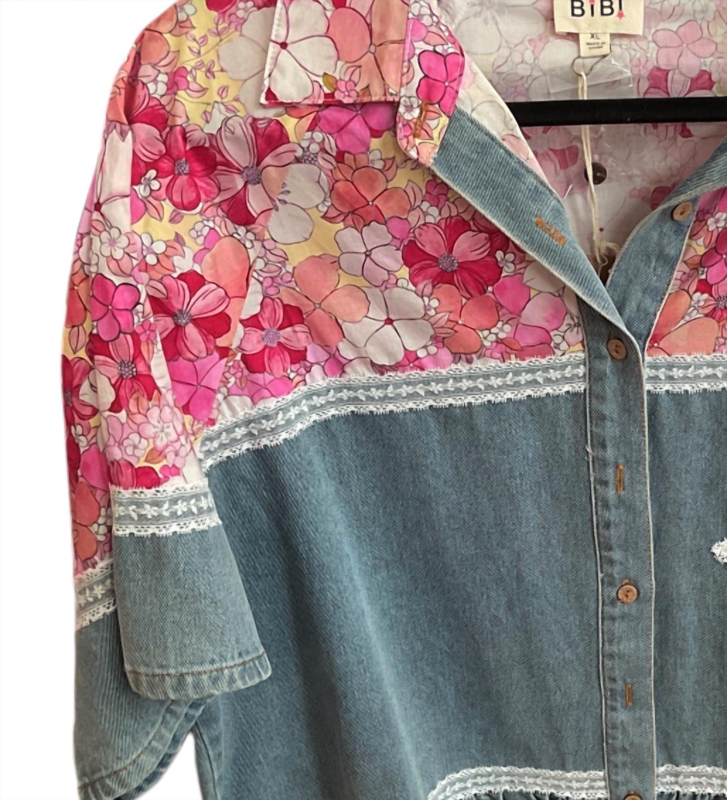 Bibi - Women's Denim Floral Button Up Crop Top