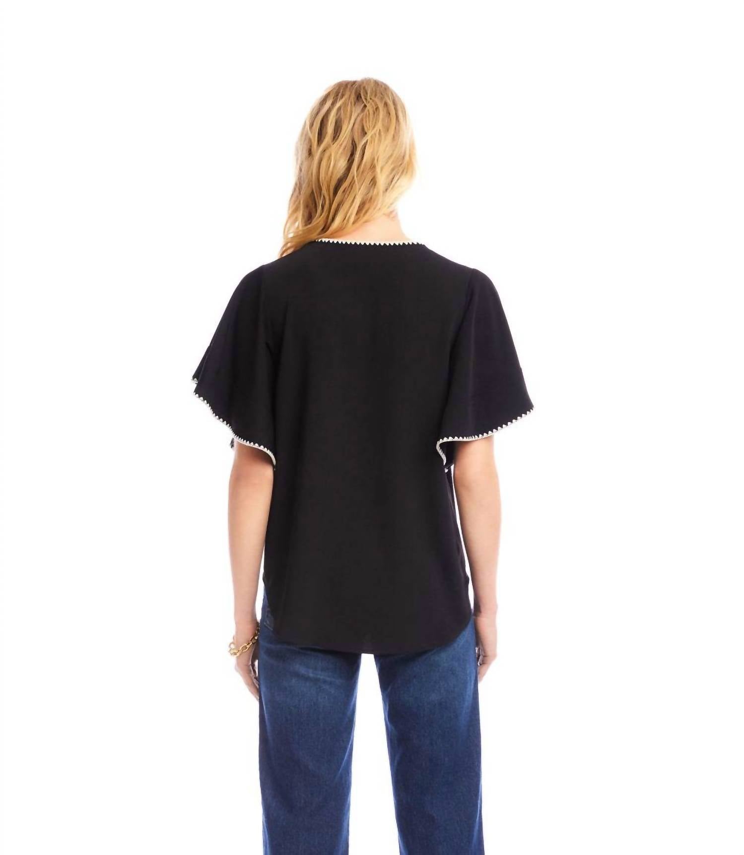 Karen Kane Flutter Sleeve Edge Stitch Top in black with cream - women's t-shirt - alternate view