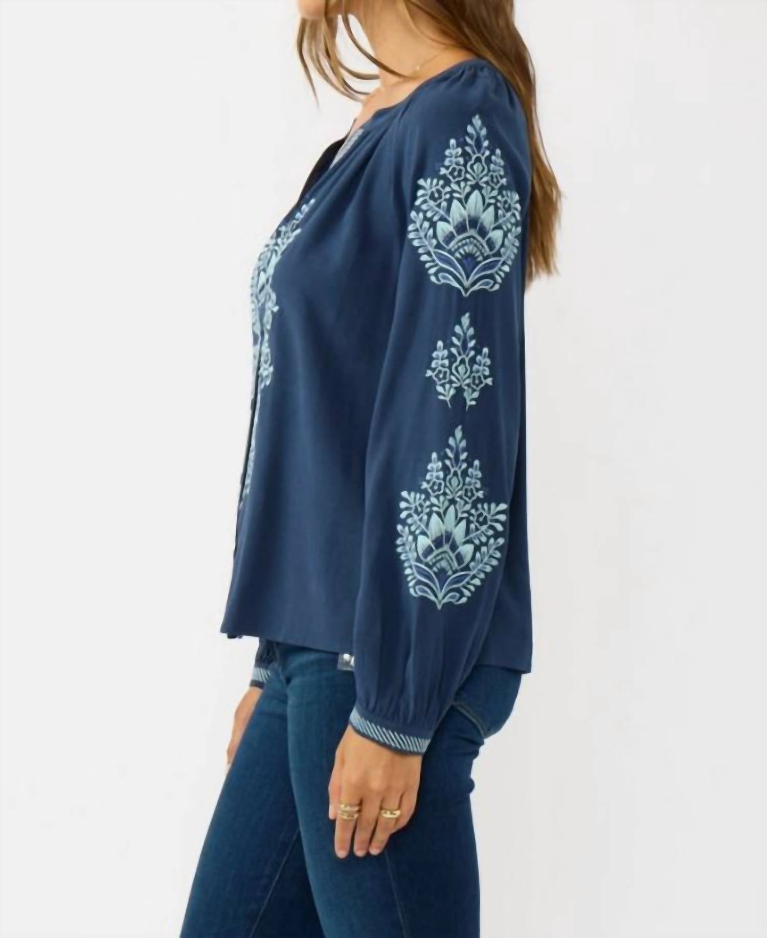 Mint - Sky Blooms Embroidered Raglan Button Blouse