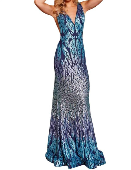 Jovani - Blue Multi Sleeveless V Neck Prom Dress