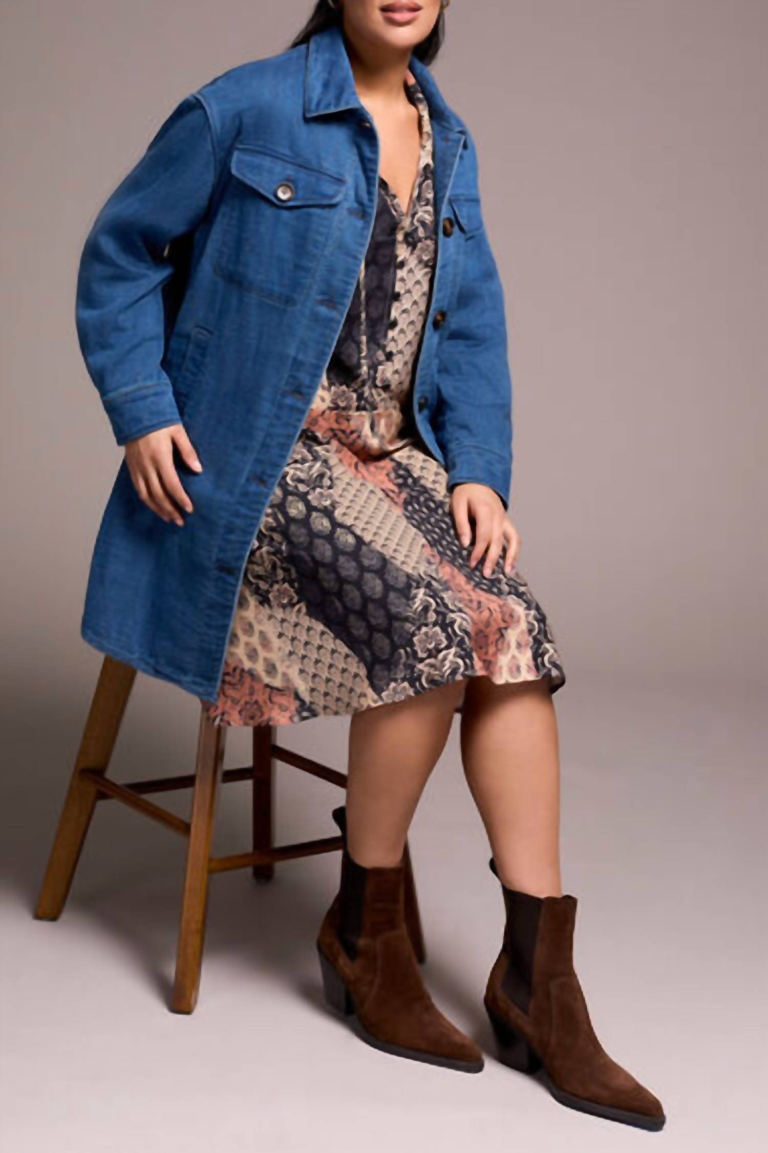 TRIBAL Long Button Down Quilted Jacket in bluebliss - women's jacket - alternate view