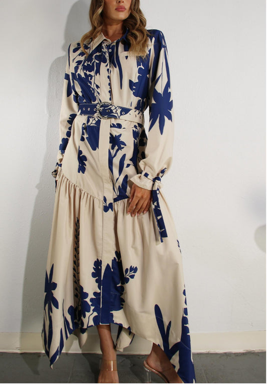 Mulla - Maxi Print Uneven Belted Long Dress