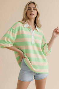 Haptics - Women's Stripe Button Down Bubble Sleeve Knit Top