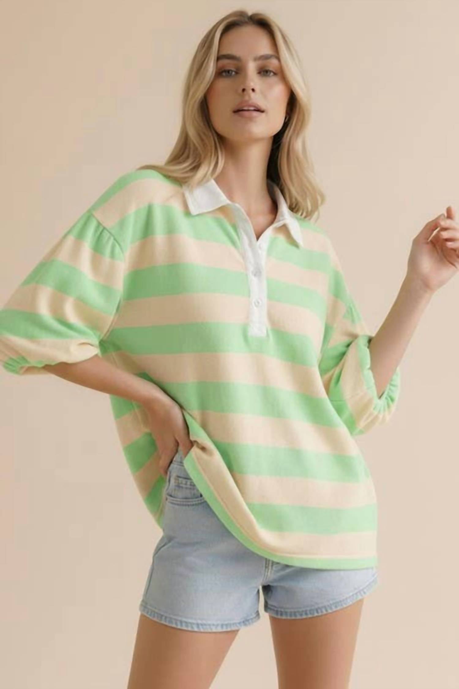 Haptics - Women's Stripe Button Down Bubble Sleeve Knit Top