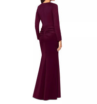 Xscape Square-neck Draped Long-sleeve Gown in deep purple - women's dress - detail view