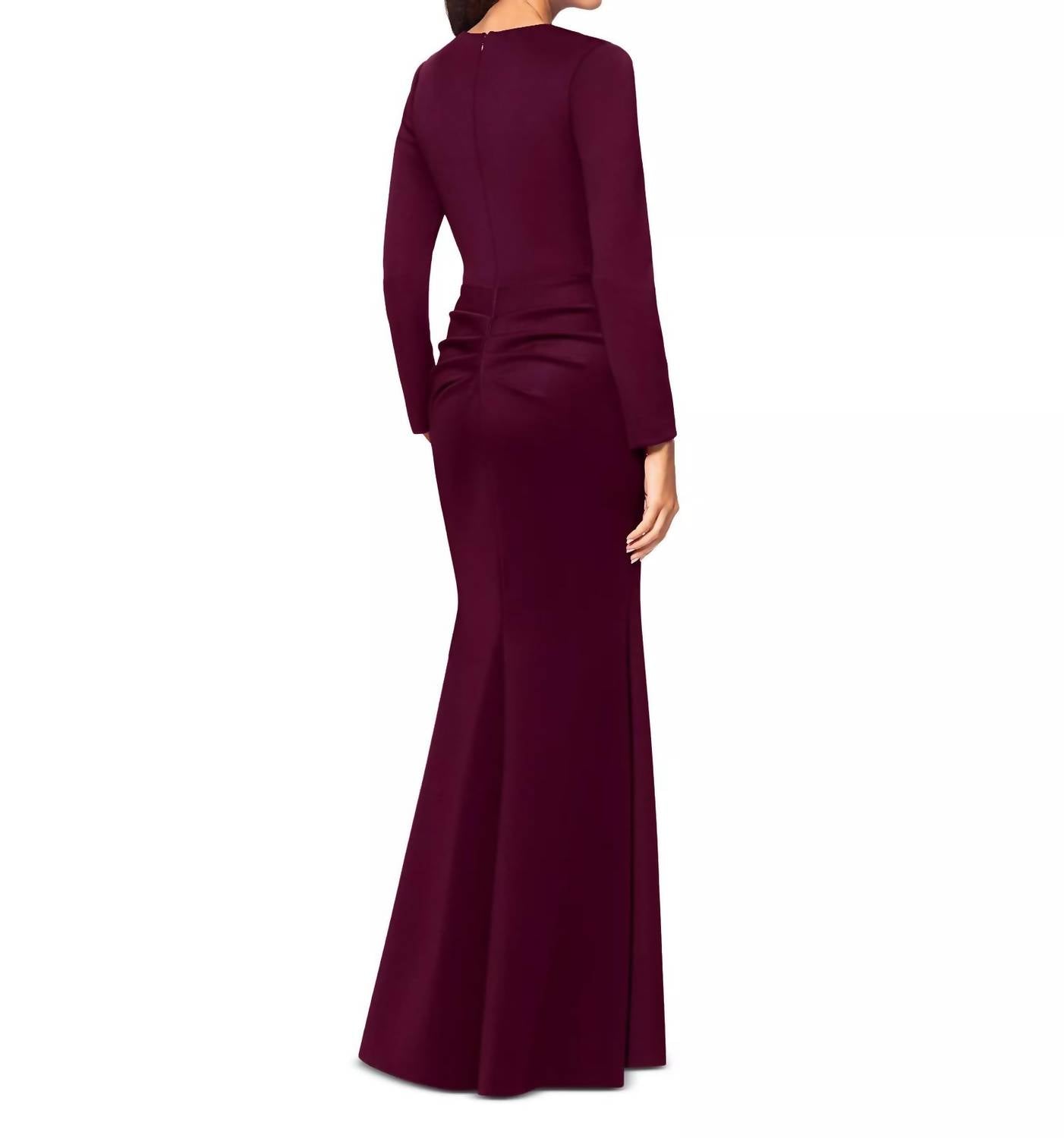 Xscape Square-neck Draped Long-sleeve Gown in deep purple - women's dress - detail view