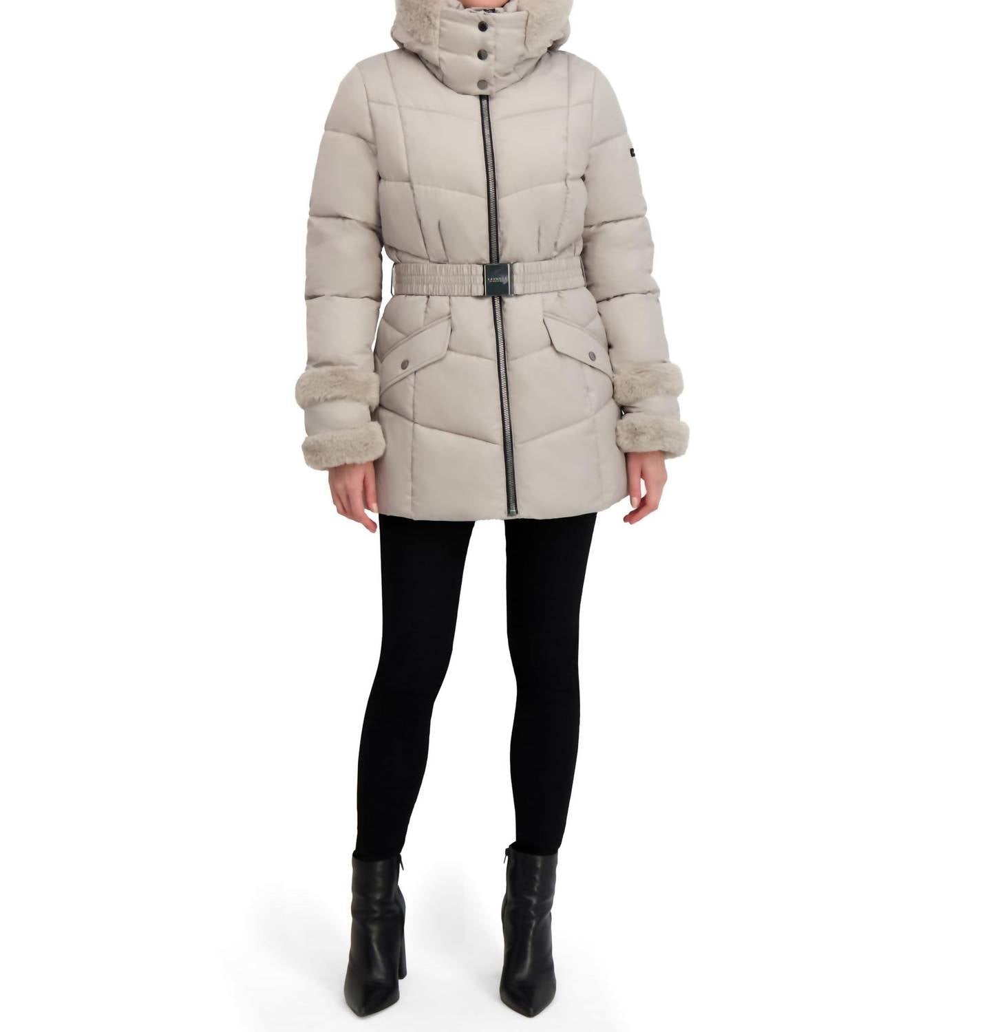 Laundry By Shelli Segal - Stretch Quilted Puffer Coat With Faux Fur Trim Jacket
