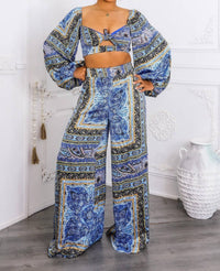 Surelymine - Bold Baroque Print Two-piece Set Tie Front Crop & Wide Pants