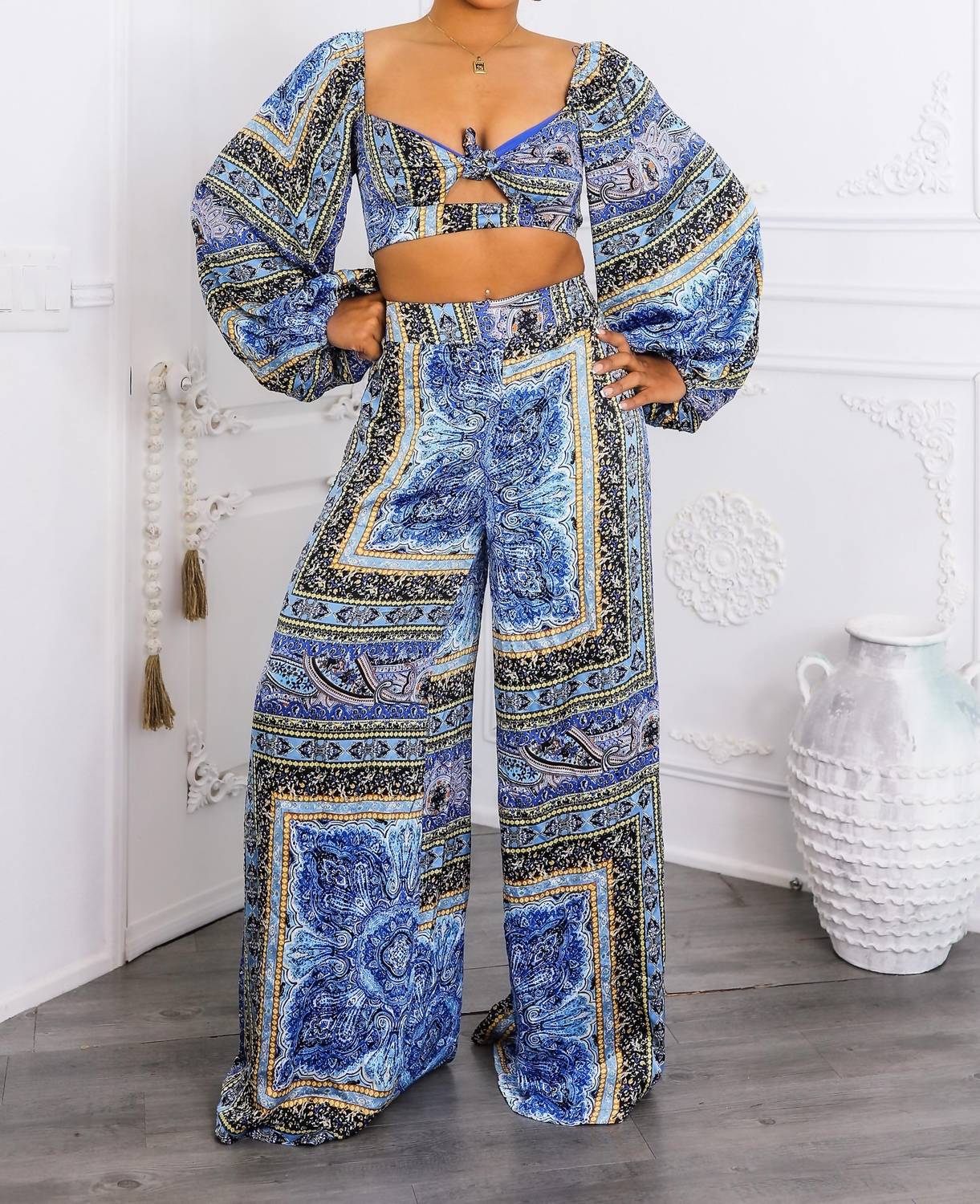 Surelymine - Bold Baroque Print Two-piece Set Tie Front Crop & Wide Pants