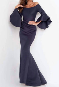 Jovani - Off-shoulder Bell Sleeve Draped Mermaid Evening Gown