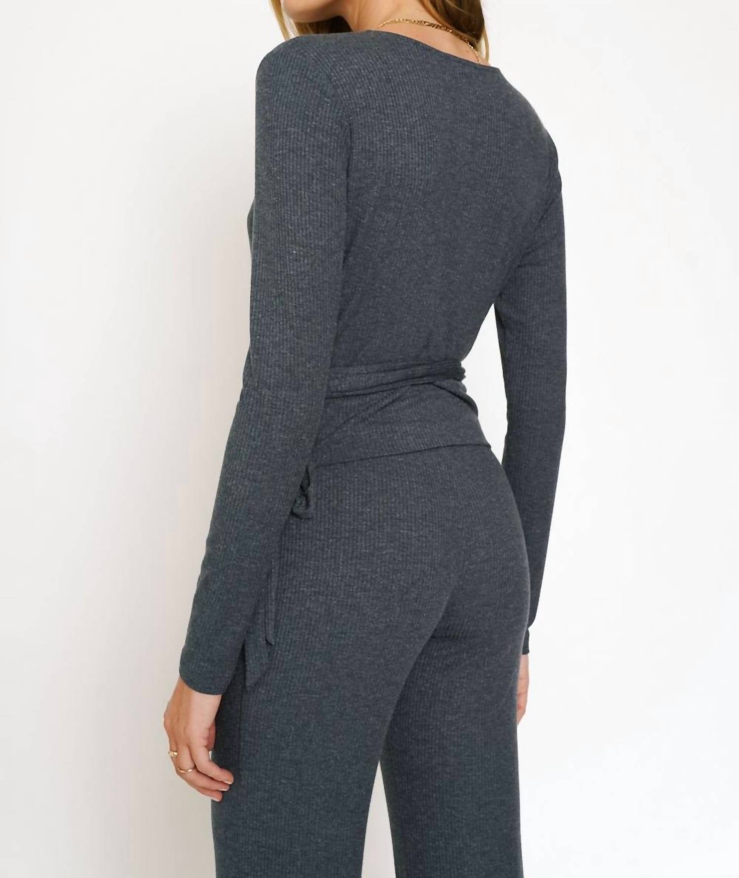 Mystree - Wrap Tie Front Long Sleeve Rib Top