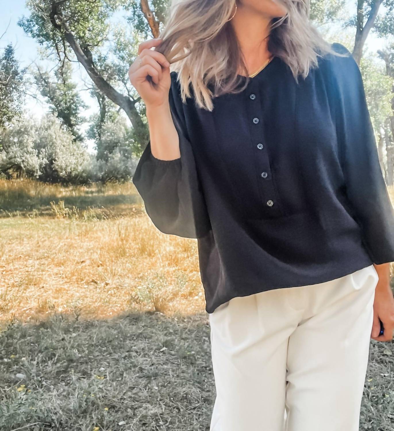 TRIBAL Long Sleeve With Folded Hem Blouse in black - women's blouse - detail view