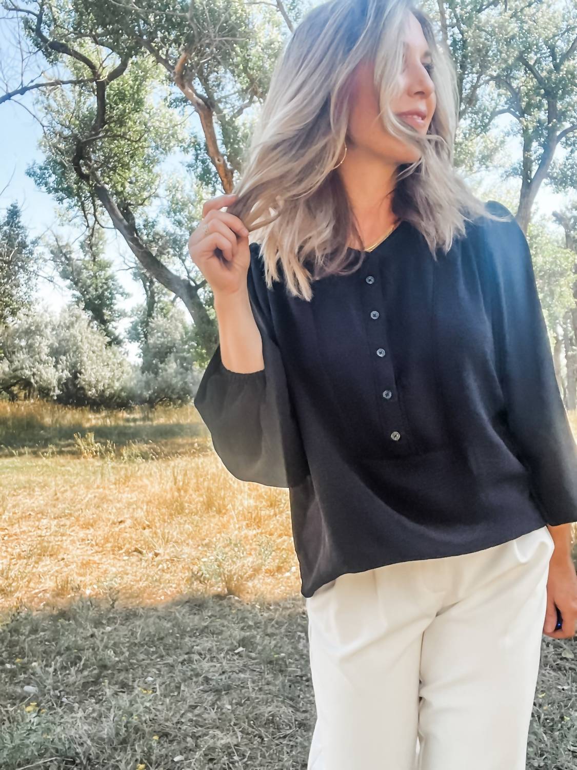 TRIBAL Long Sleeve With Folded Hem Blouse in black - women's blouse - alternate view