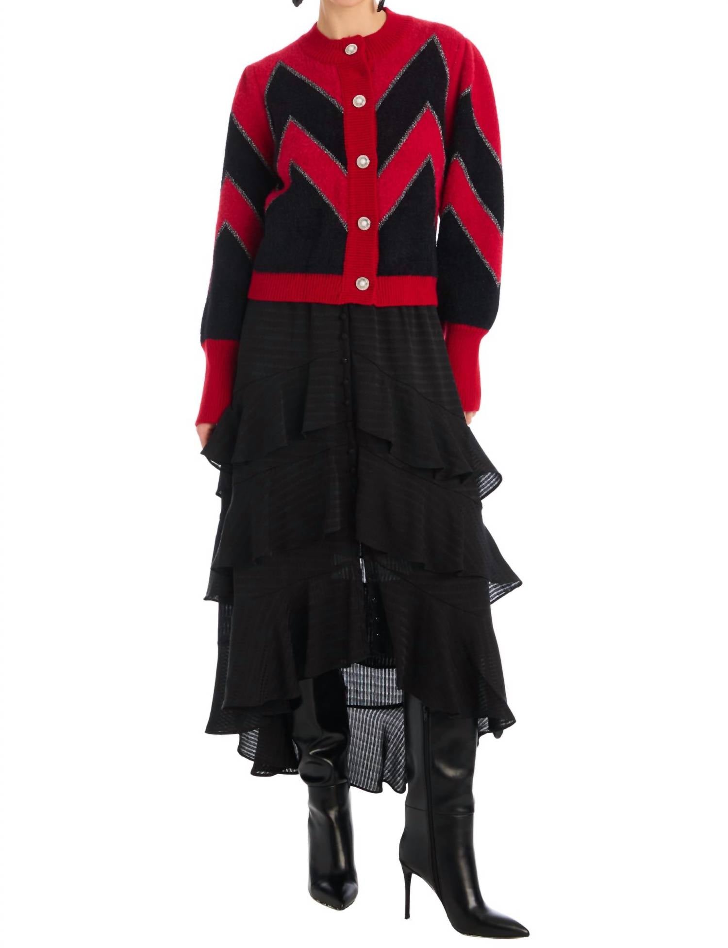 ALLISON NEW YORK Fuzzy Chevron Cardigan in red black - women's cardigan - view 5