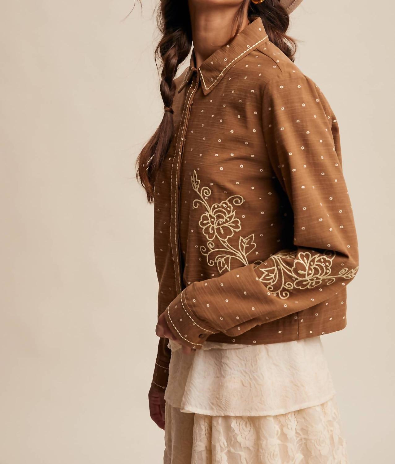 Listicle Caspia Embroidered Western Shirt in brown - women's blouse - view 7
