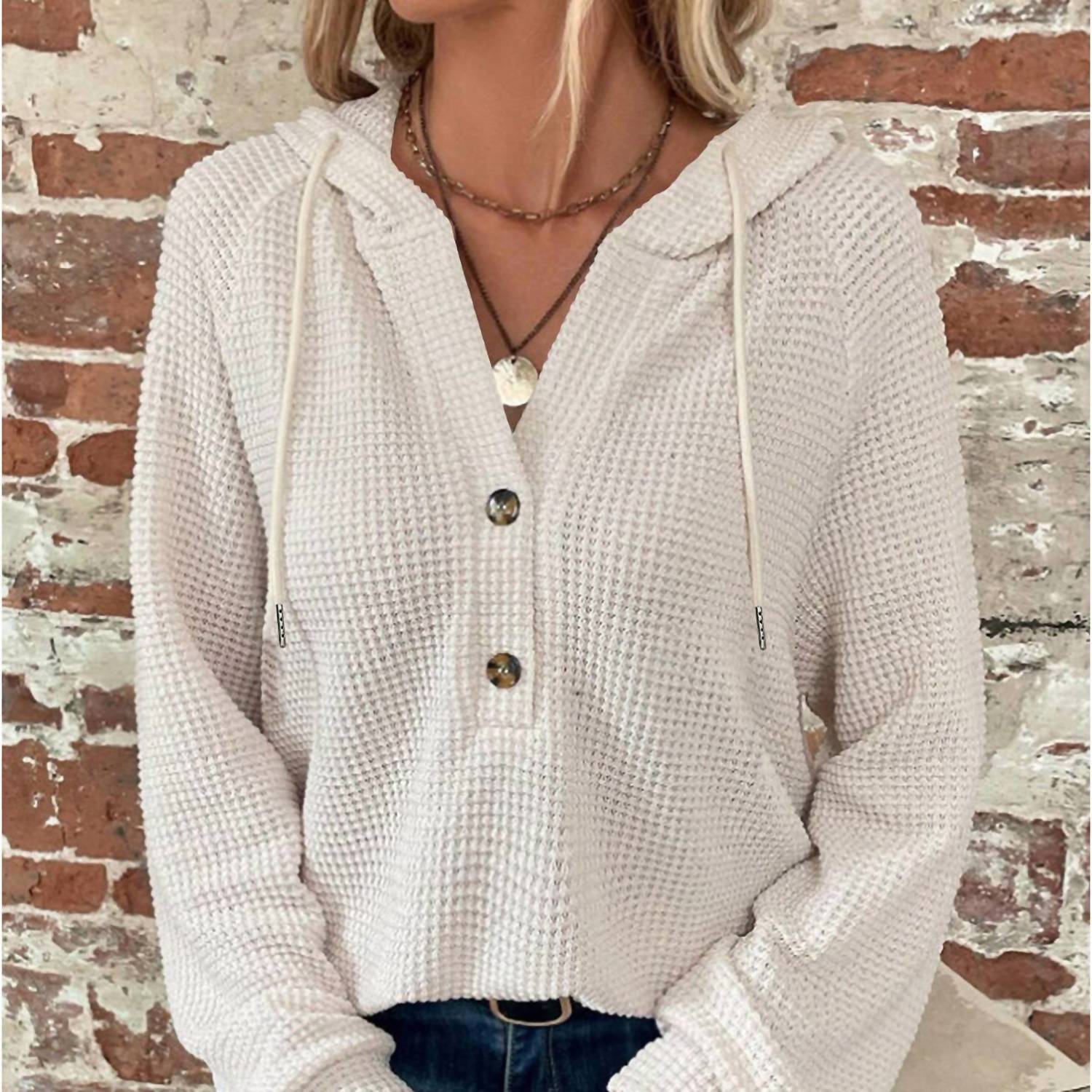 Lily Clothing Waffle Button-up Hoodie Pullover in apricot - women's top