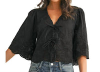Anniewear - Floral Embroidery Tie Front Blouse