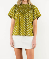 THML Puff Sleeve Print Top in green - women's blouse