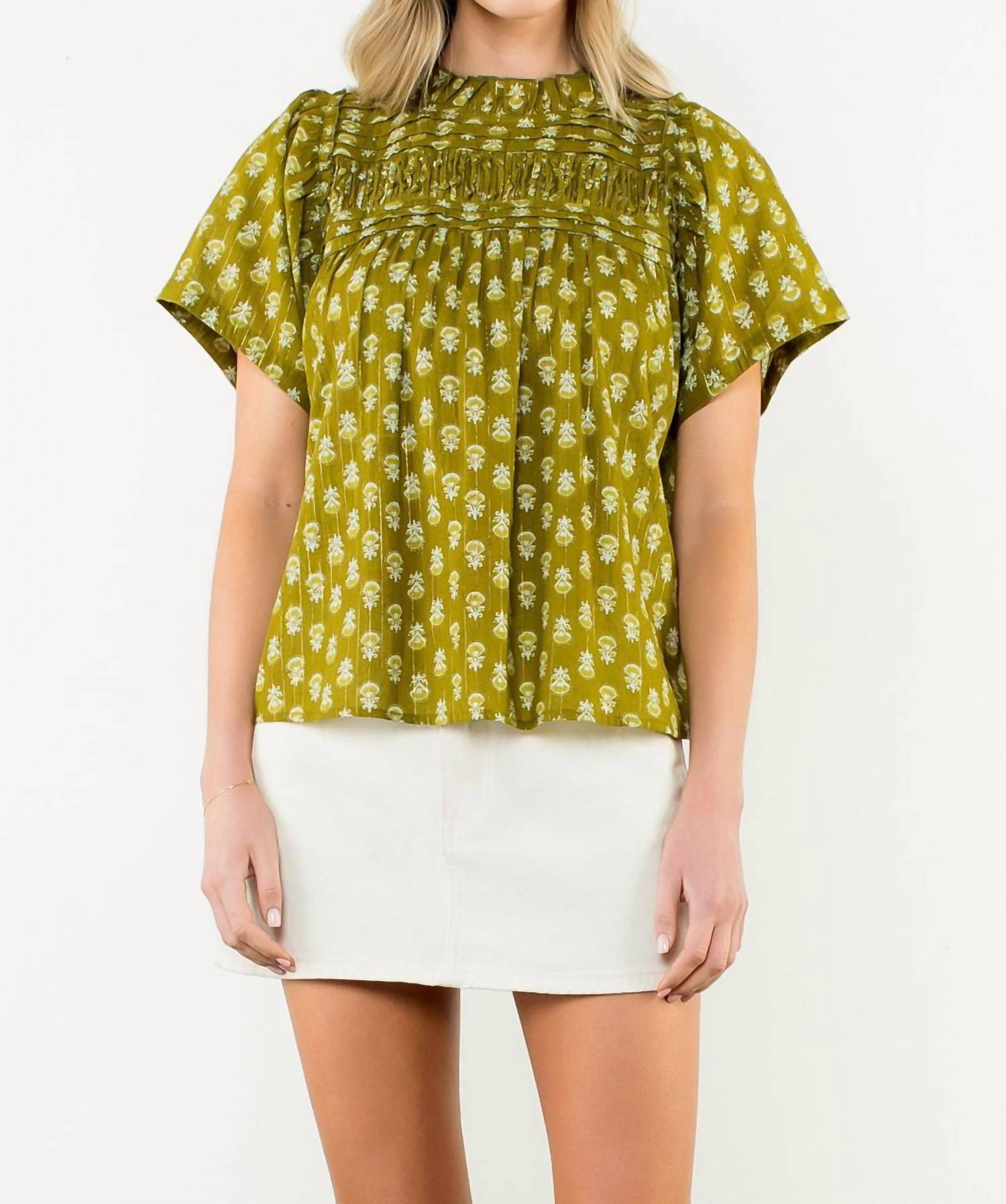 THML Puff Sleeve Print Top in green - women's blouse