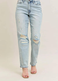 Judy Blue - Mid Rise Repair Stitch Detail Destroy Single Cuff Boyfriend Jean