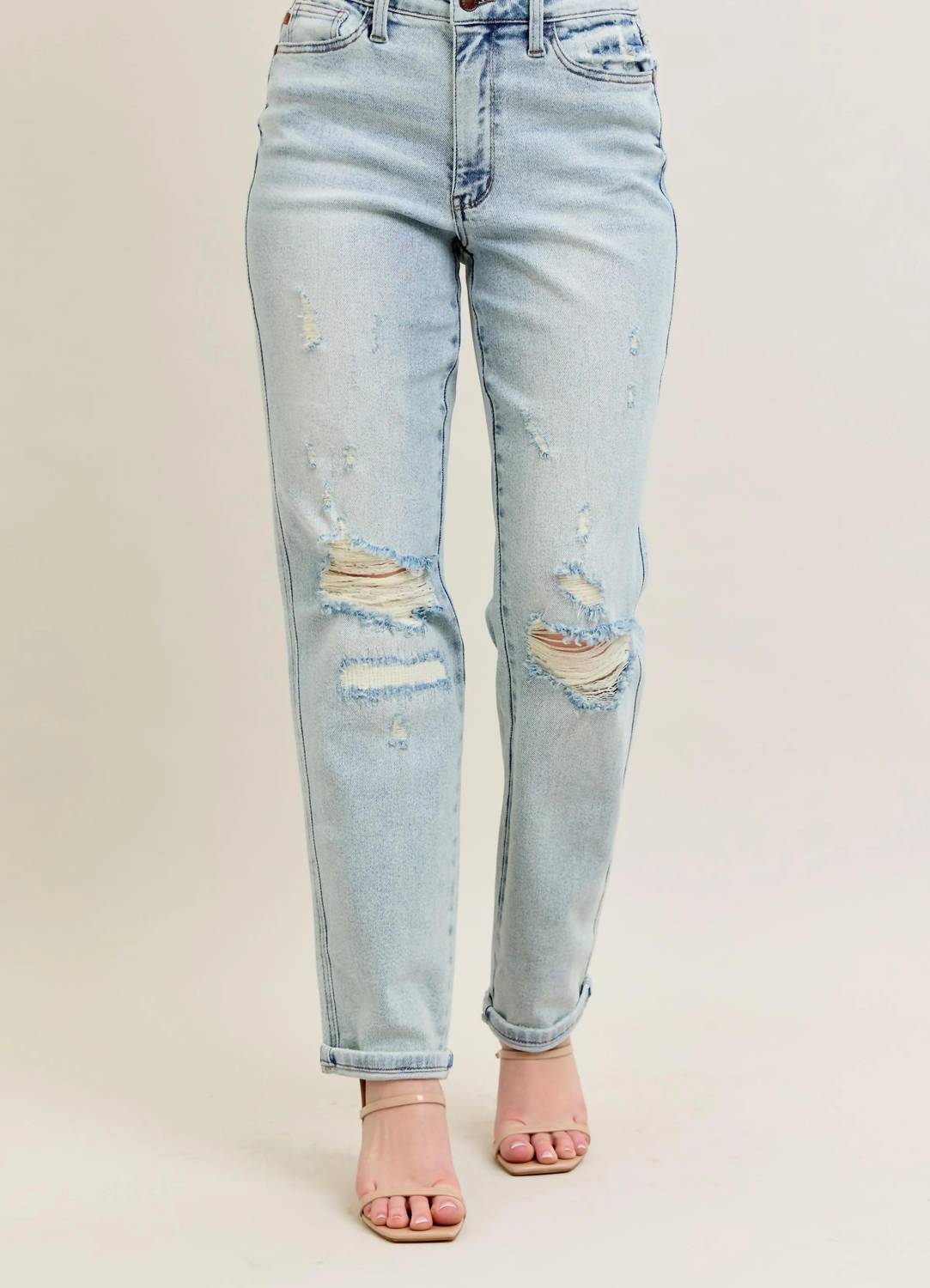 Judy Blue - Mid Rise Repair Stitch Detail Destroy Single Cuff Boyfriend Jean