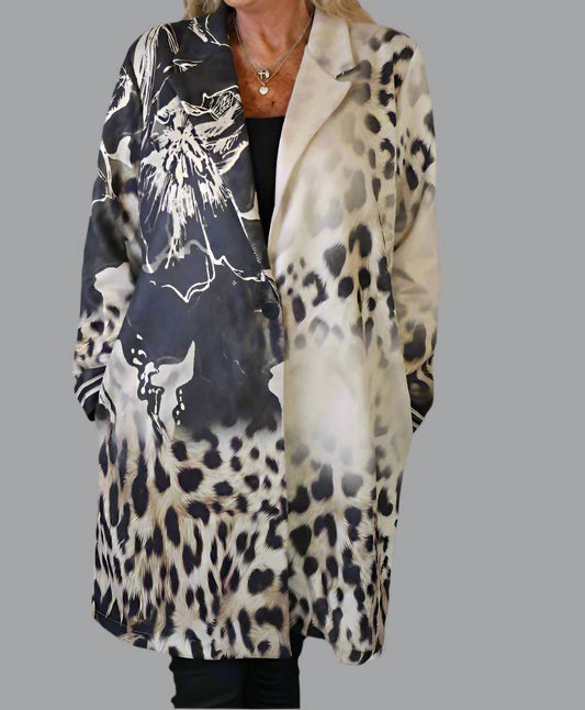 Look Mode Usa - Faux Suede Leopard And Flower Print Long Jacket