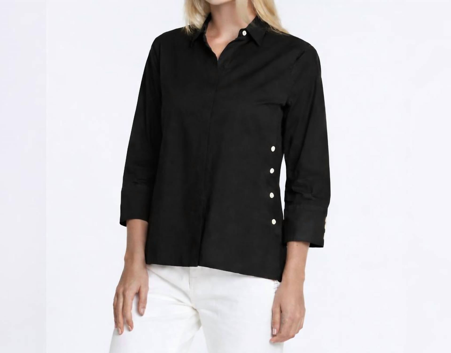 Hinson Wu Maxine 3/4 Sleeve Hi-low Side Button Shirt in black - women's blouse