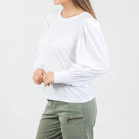 N.1 LA Loren Smocked Peasant Tee Top in white - women's long sleeve top - detail view