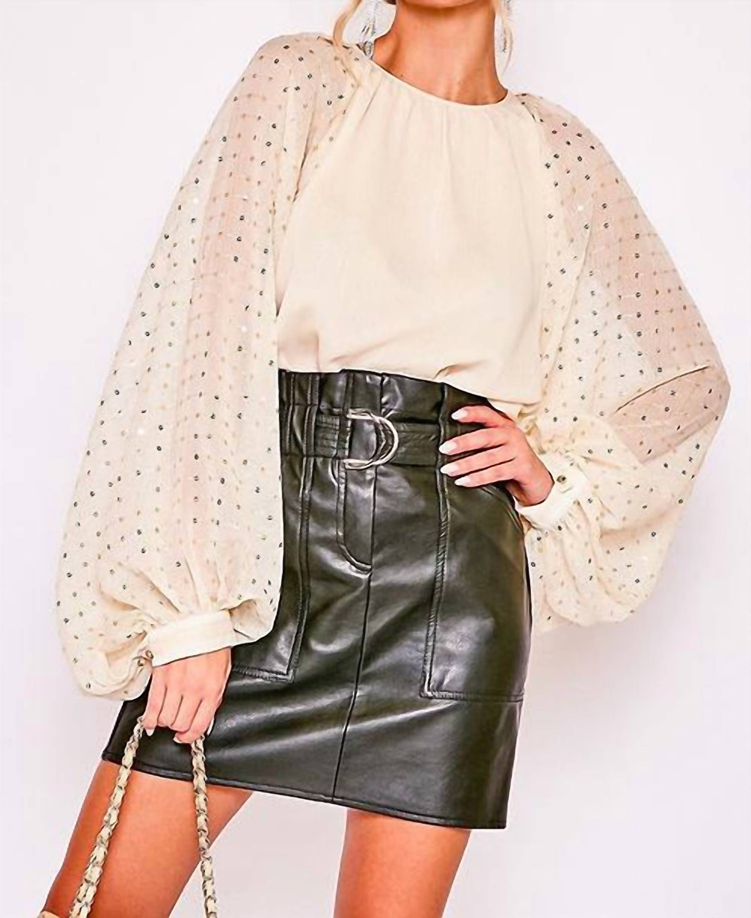 Vine & Love Sequin Long Balloon Sleeve Crinkle Chiffon Blouse in taupe - women's blouse - detail view