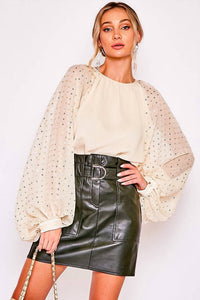 Vine & Love Sequin Long Balloon Sleeve Crinkle Chiffon Blouse in taupe - women's blouse - alternate view