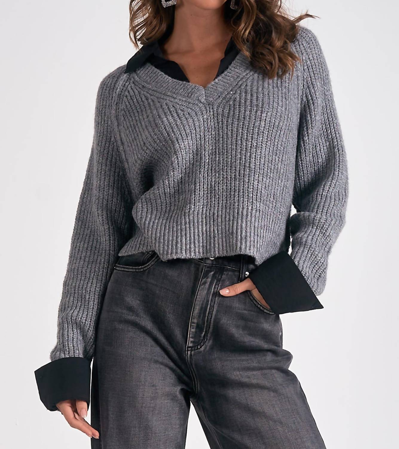 ELAN V-neck Sweater With Collar in grey - women's sweater
