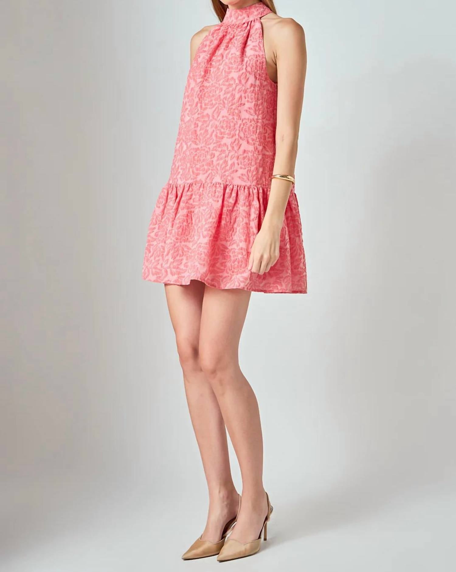 English Factory Jacquard Mock Neck Mini Dress in red pink - women's dress - detail view