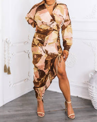 Surelymine - Ruched Abstract Shirt Dress With Front Pocket Earth Tones