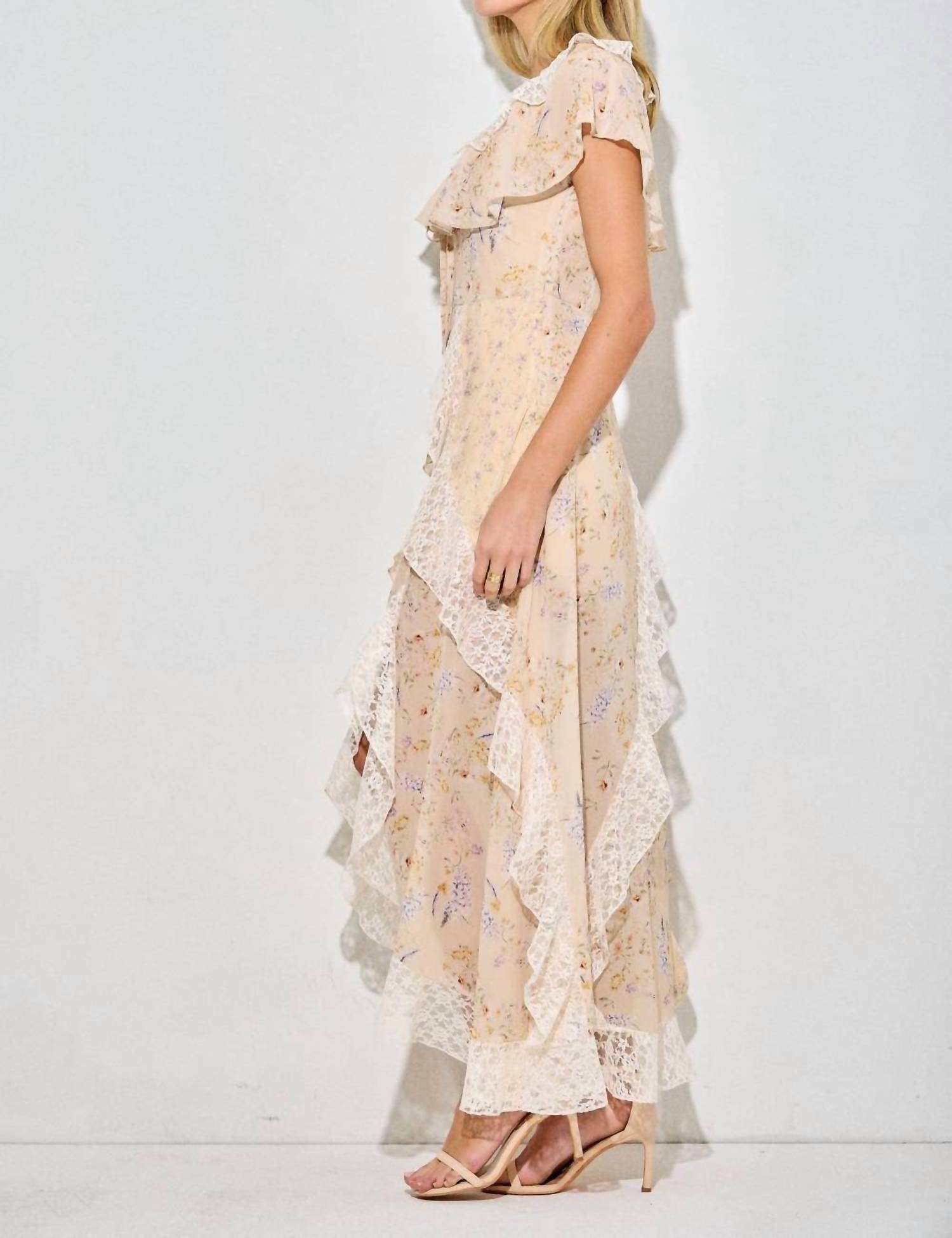 Baevely by Wellmade Floral Ruffle Tiered Maxi Dress in light yellow multi - women's dress - alternate view