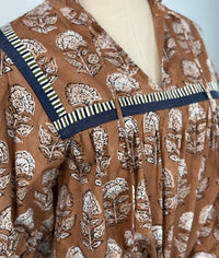 THML Women's Puff Sleeve Top in brown white - women's blouse - detail view