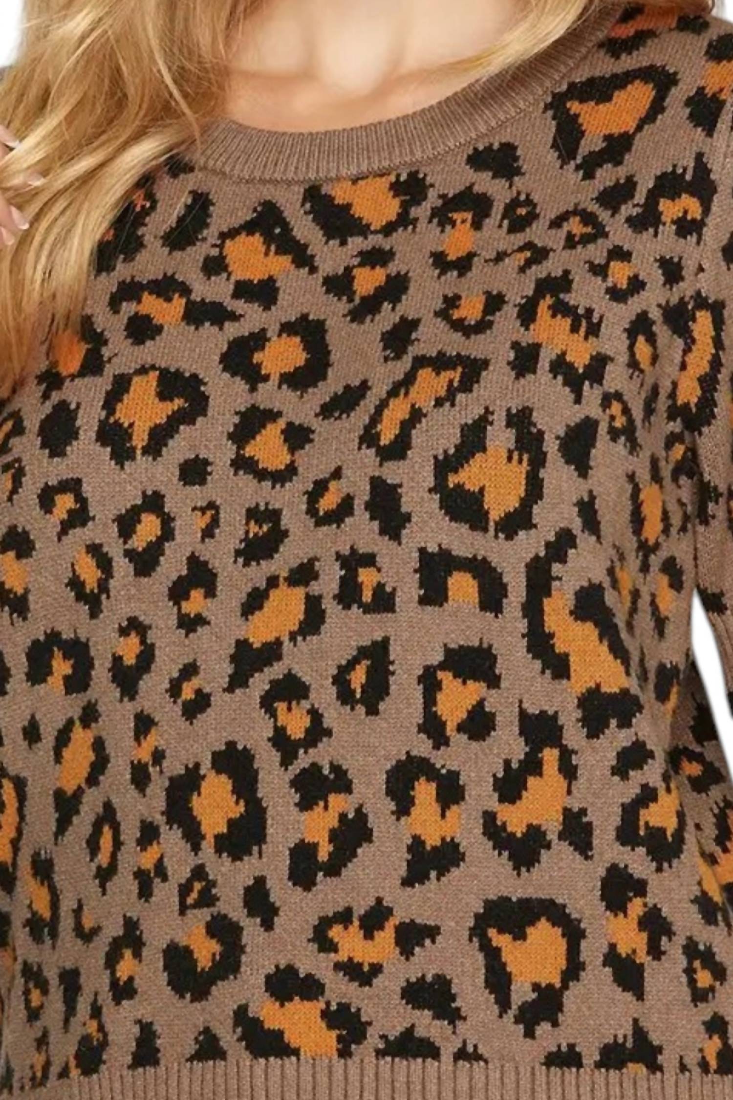 SHE + SKY Leopard Pattern Short Sleeve Sweater in mocha - women's sweater - detail view