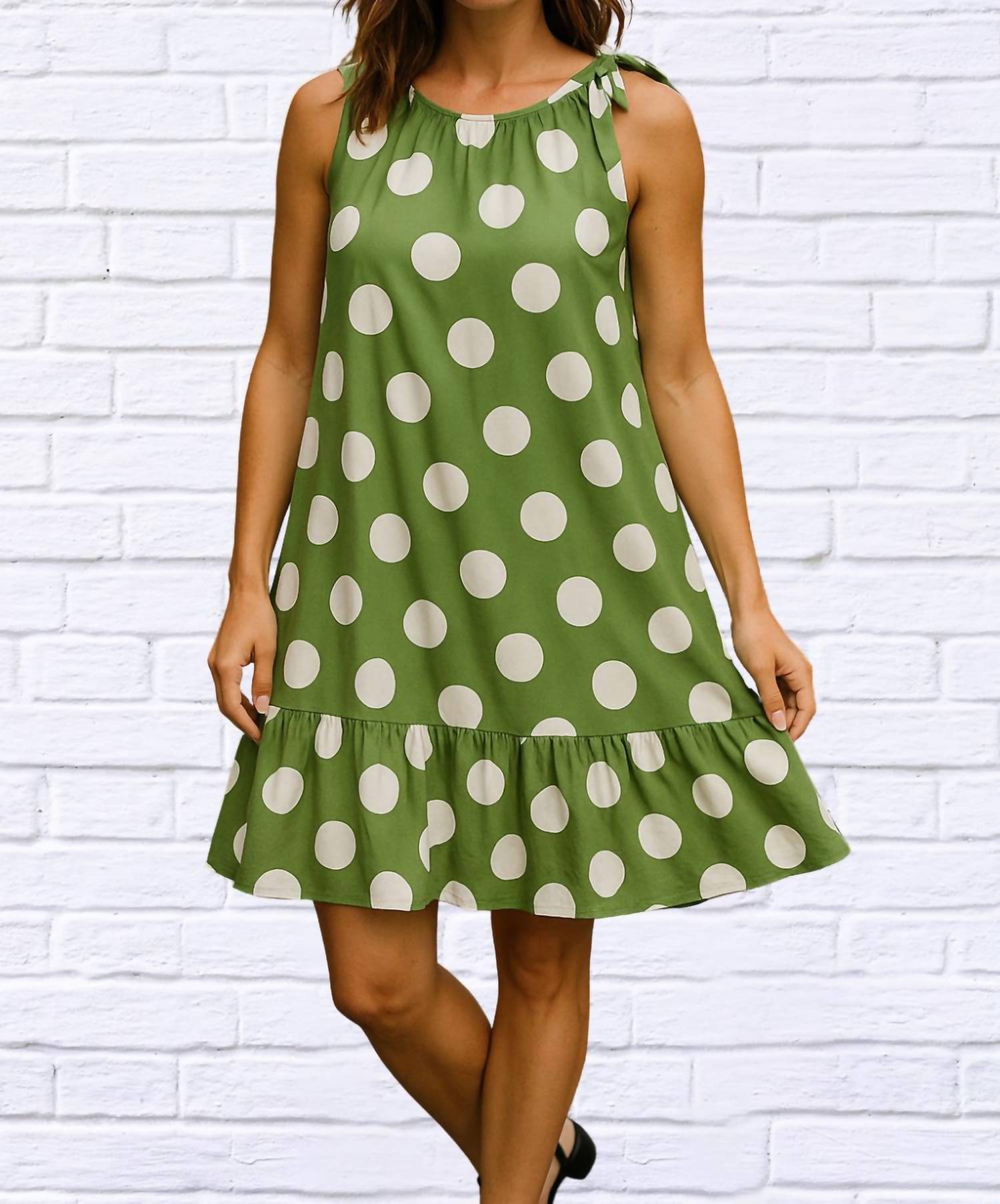 Calypso - Tie Neck Gauged Trapeze Dress