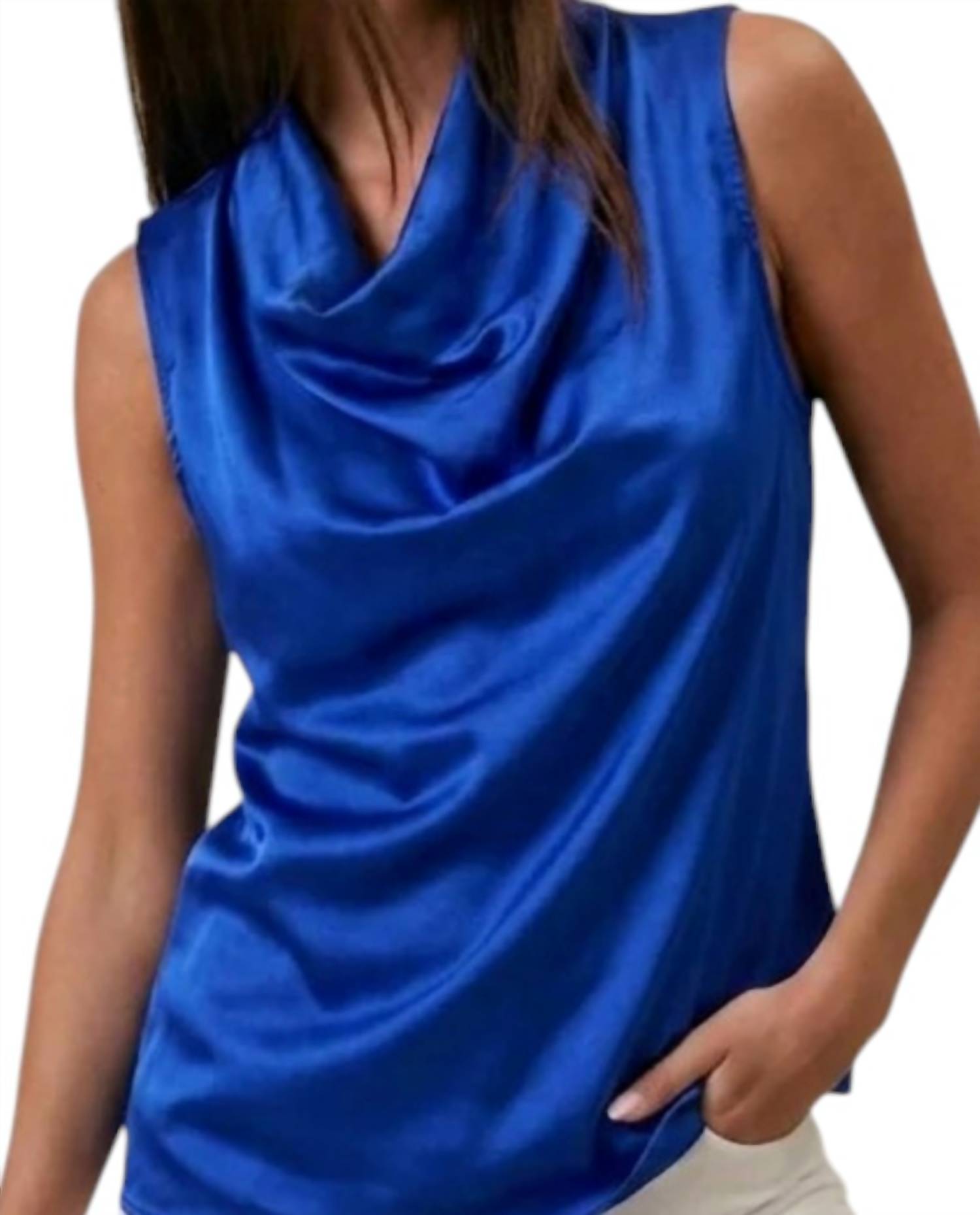 GLAM Satin Cowl Neck Sleeveless Top in royal blue - women's tank top - detail view