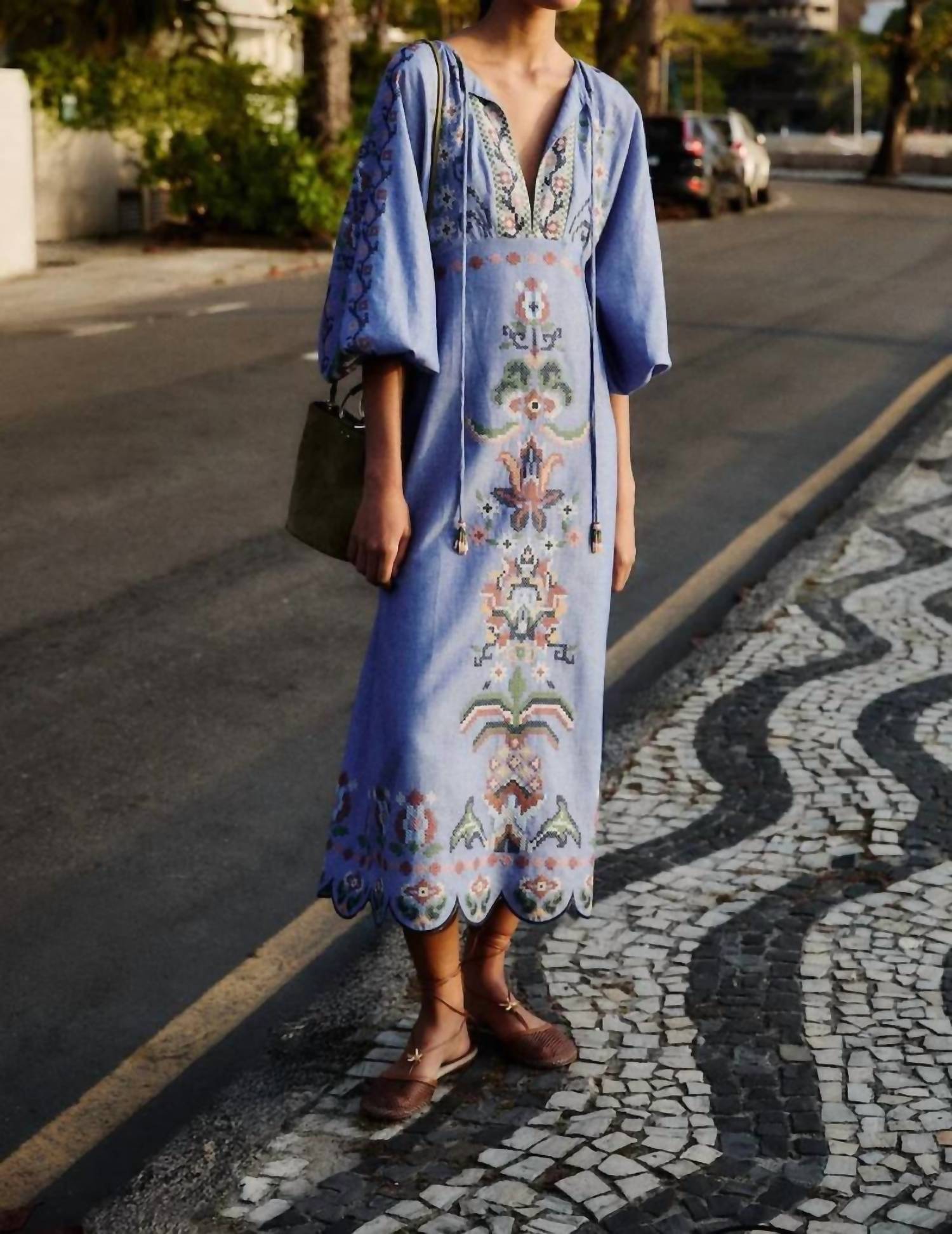 Farm Rio - Garden Tapestry Embroidery Long Sleeve Midi Dress